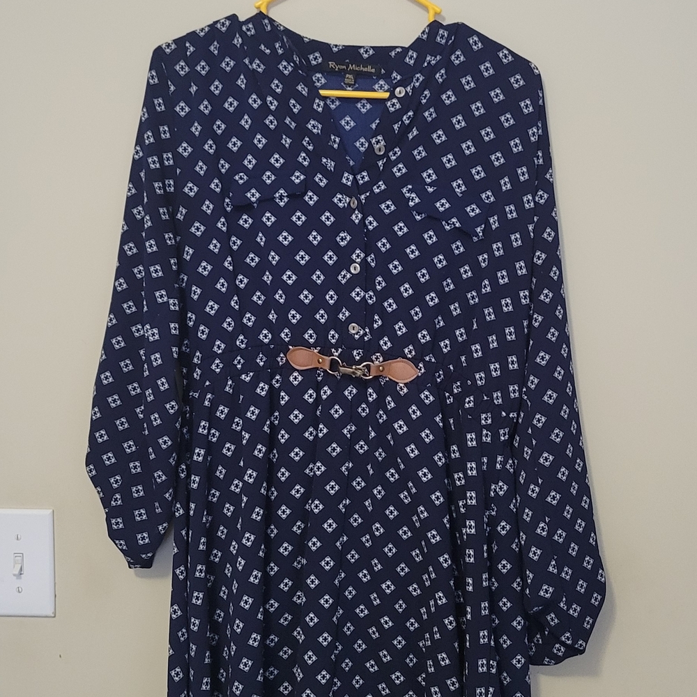 Navy Blue Patterned Dress with Belt